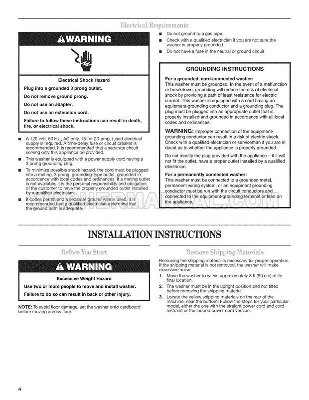 Admiral ATW4475VQ Top Load Washing Machine Installation Instructions