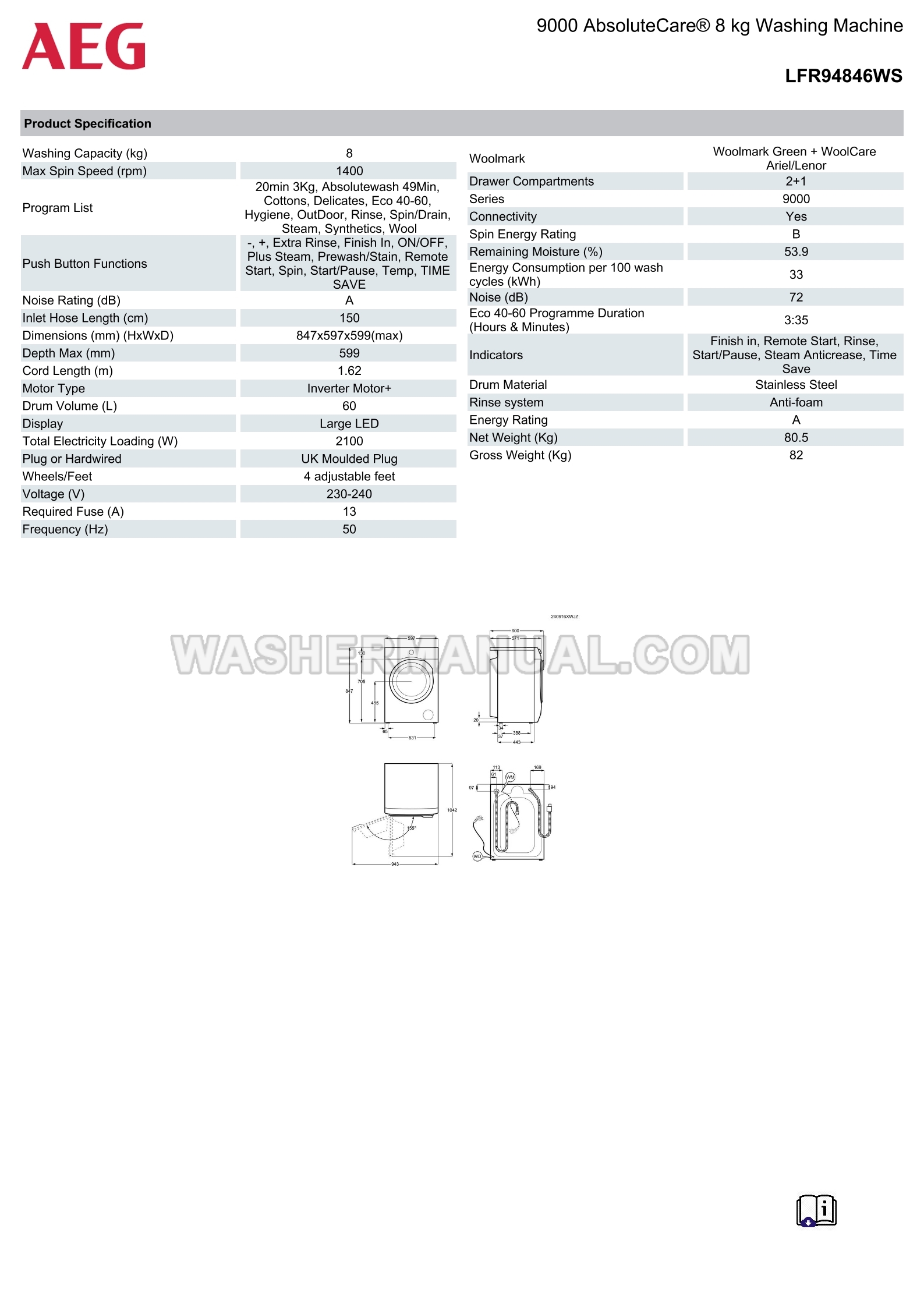 AEG LFR94846WS Front Load Washing Machine Specifications Sheet