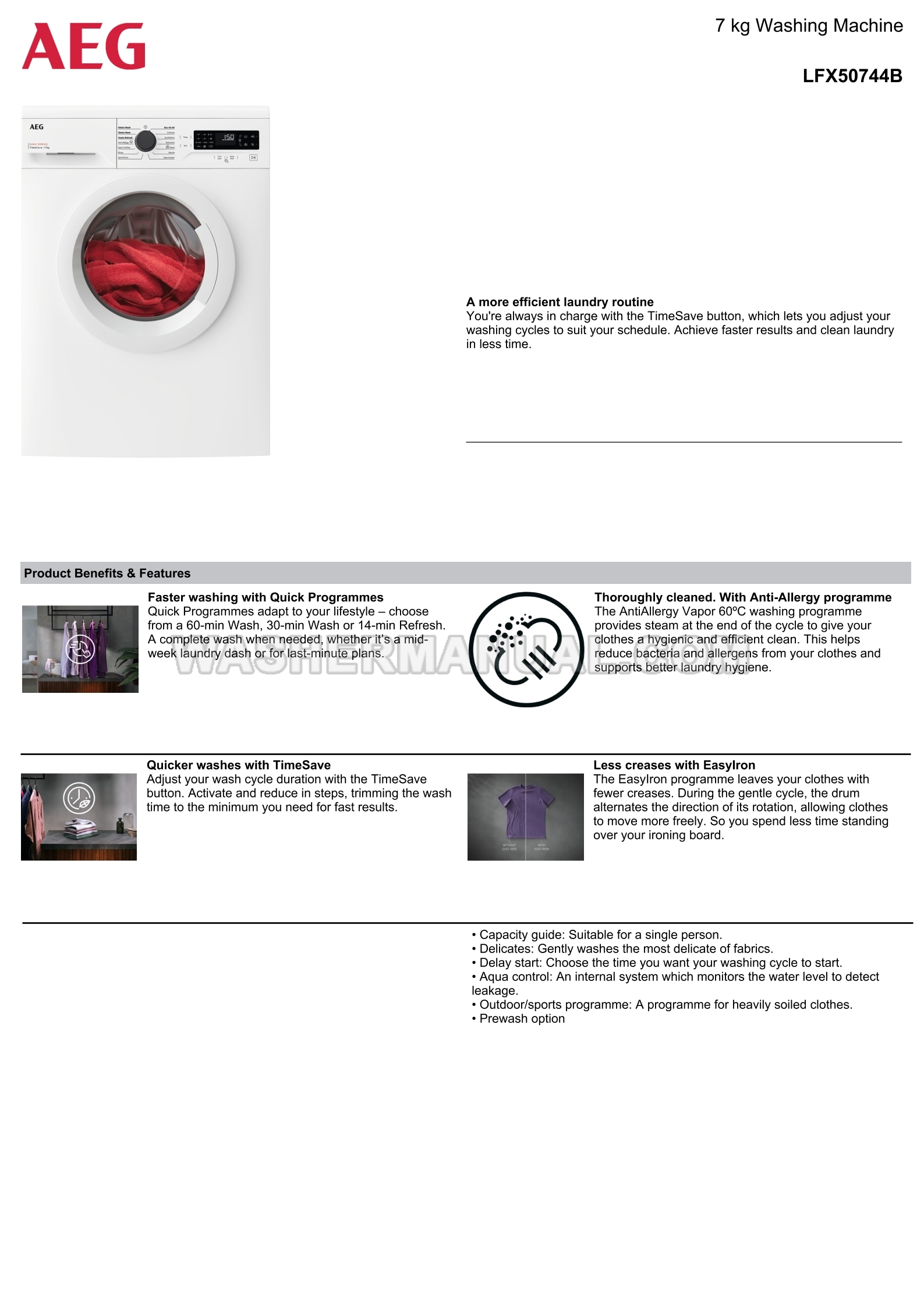 AEG LFX50744B Front Load Washer Specifications Sheet