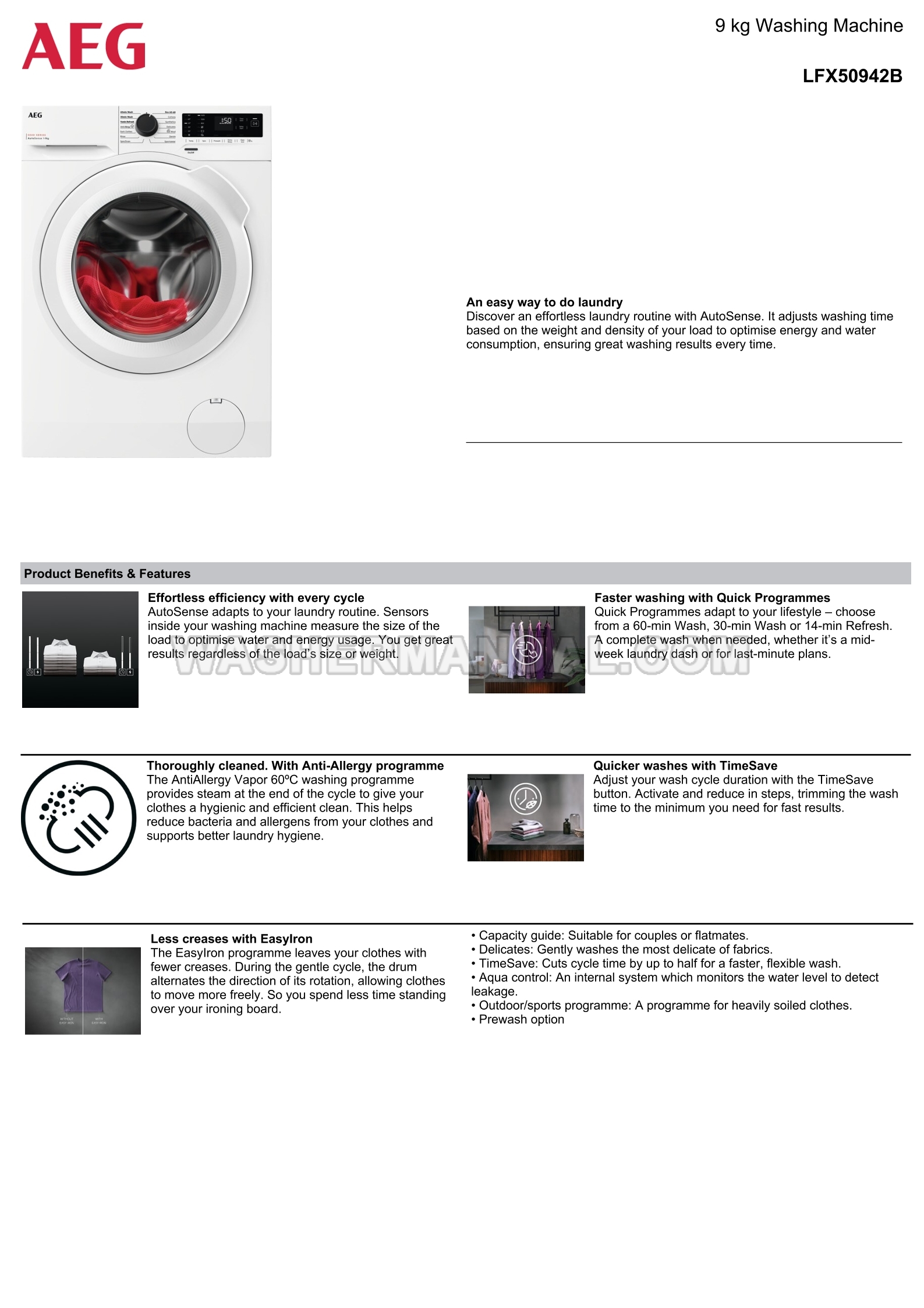 Washing Machine Specifications.pdf AEG LFX50942B Washing Machine Specifications Sheet