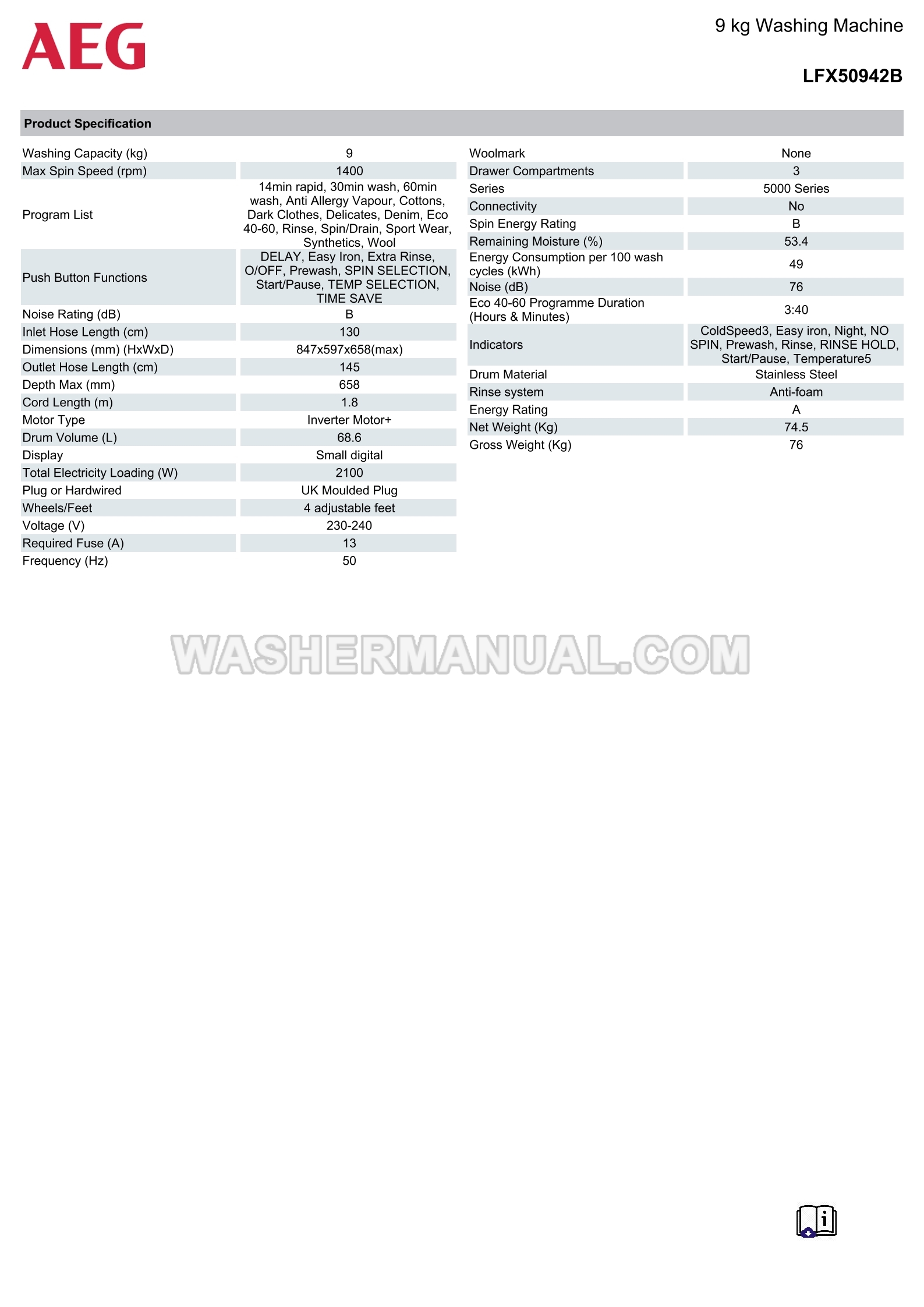 Washing Machine Specifications.pdf AEG LFX50942B Washing Machine Specifications Sheet