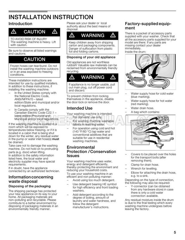 Bosch WFMC2201UC Nexxt 300 Series Operating and Installation Instructions