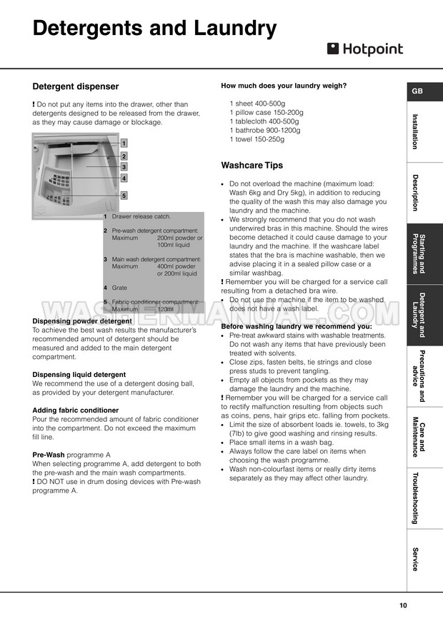 Hotpoint WD440 Front Load Washer Instruction Booklet