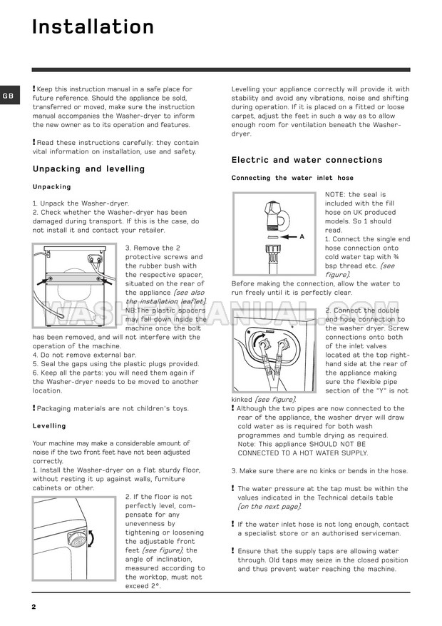 Hotpoint WDL 540 Washer Dryer Instructions for Use
