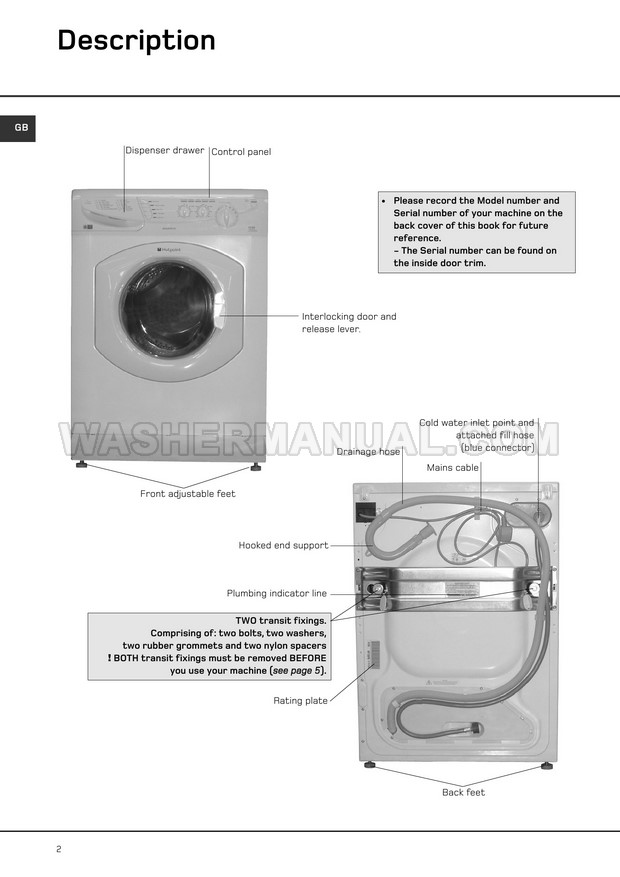 Hotpoint WT540 Front Load Washer Instructions for Installation and Use