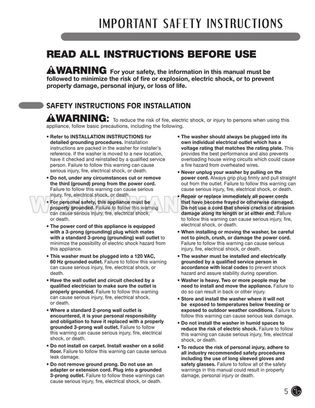Lg Wm3455hw Washer Dryer Combo User S Guide Installation Instructions