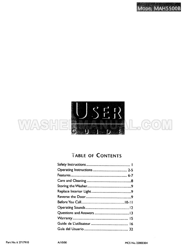 Maytag MAH5500BWW Top Load Washer User Guide