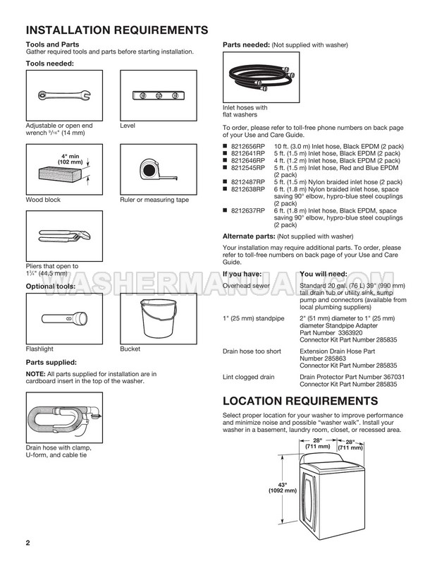 Maytag MVWB835DW1 Washing Machine Installation Instructions