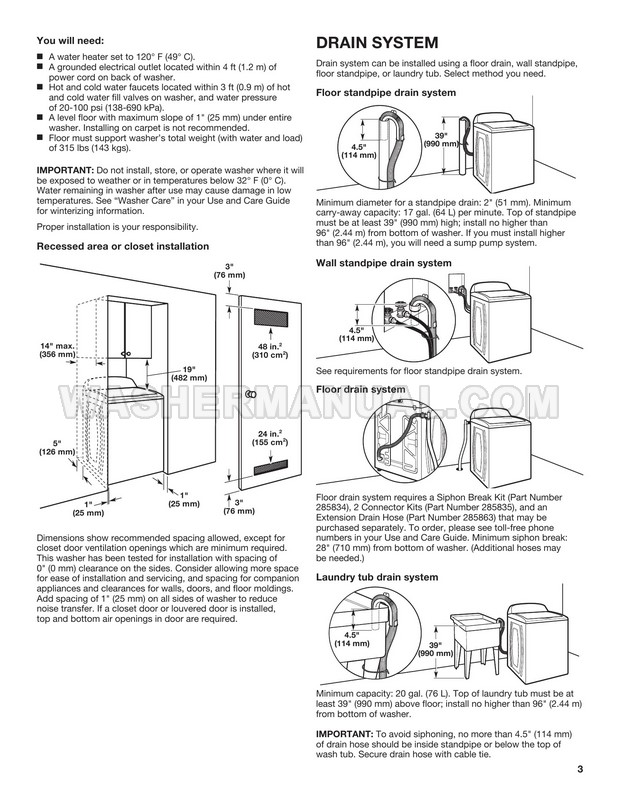 Maytag MVWB835DW1 Washing Machine Installation Instructions