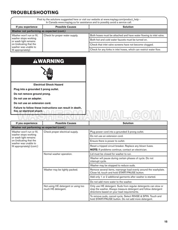 Maytag MVWB835DW1 Bravos XL MCT Washing Machine Use & Care Guide