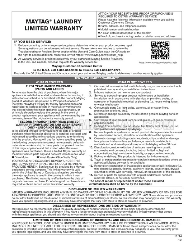 Maytag MVWB835DW1 Bravos XL MCT Washing Machine Use & Care Guide