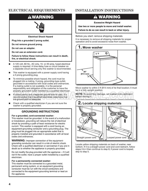 Maytag MVWC6ESWW1 Top Load Washing Machine Installation Instructions