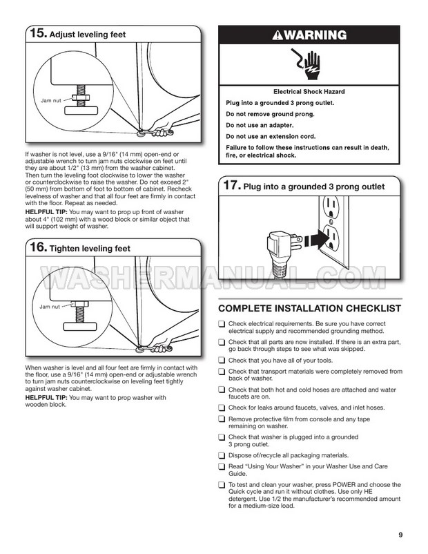 Whirlpool WFW8620HC Front Load Washing Machine Installation Instructions